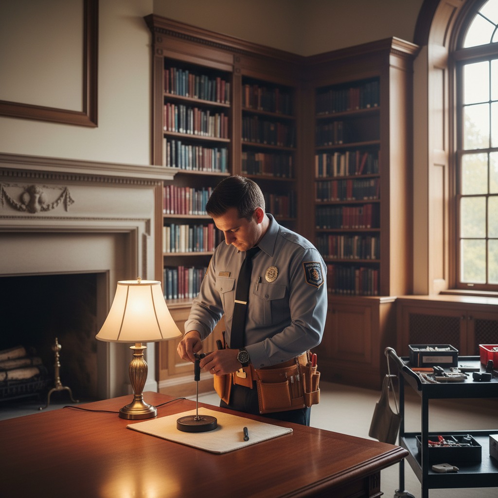 Ein Hausmeister in Uniform repariert an einem großen Holztisch in einer Bibliothek eine Lampe.