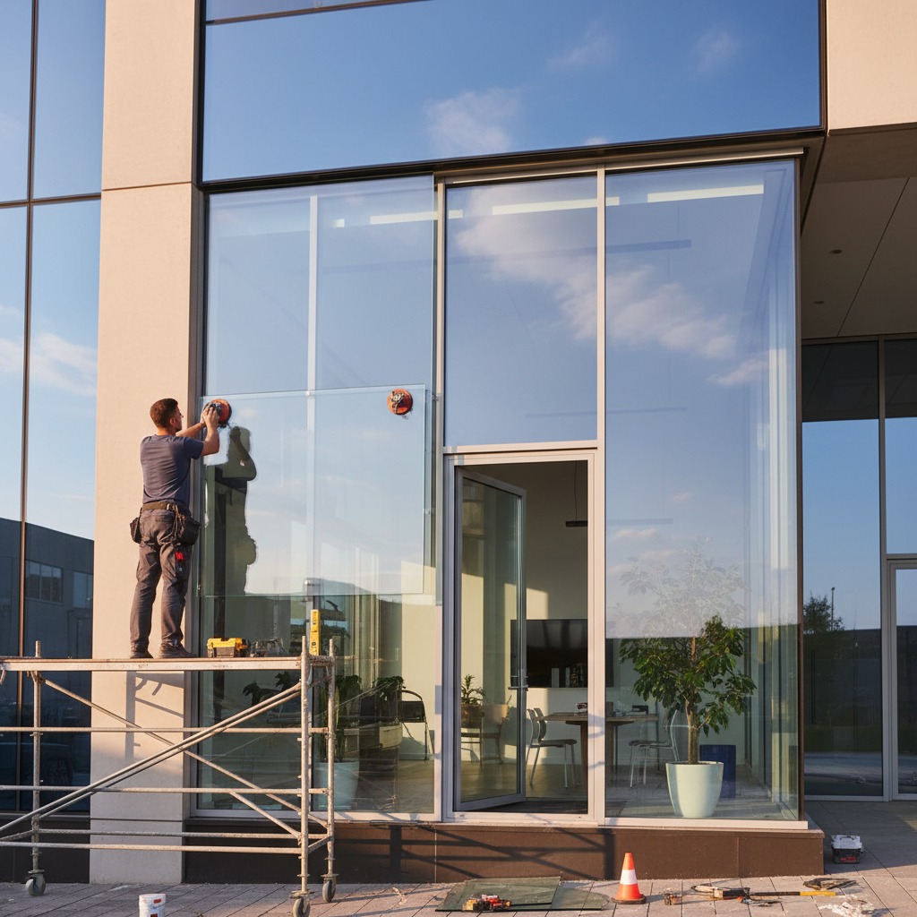 Ein Handwerker setzt auf einem Gerüst stehend eine große Glasscheibe in die Fassade eines modernen Bürogebäudes ein.