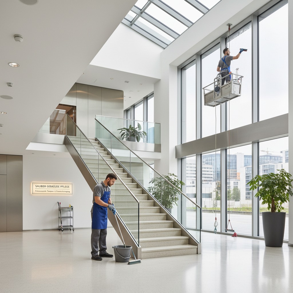 Zwei Reinigungskräfte bei der Arbeit in einem modernen Eingangsbereich, wobei eine Person am Fuß einer Treppe den Boden wischt und eine weitere auf einer Hängeplattform die hohen Fenster reinigt.